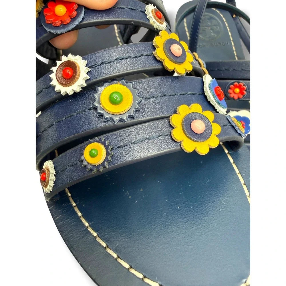 Tory Burch Marguerite Sandals 8 Navy Leather Floral Summer Casual‎ Boho